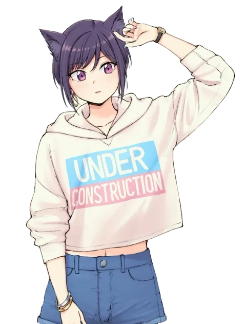 trans catgirl with a hoodie reading 'under construction' in the pride colors